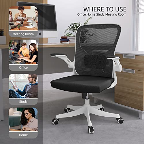 Monhey Office Chair - Ergonomic Office Chair with Lumbar Support & Flip Up Arms Home Office Desk Chairs Rockable High Back Swivel Computer Chair White Frame & Black Mesh Study Chair - color: White+black