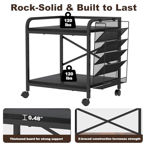 Large Printer Stand with File Holder & Rolling Wheels, Black - color: Black, size: Large