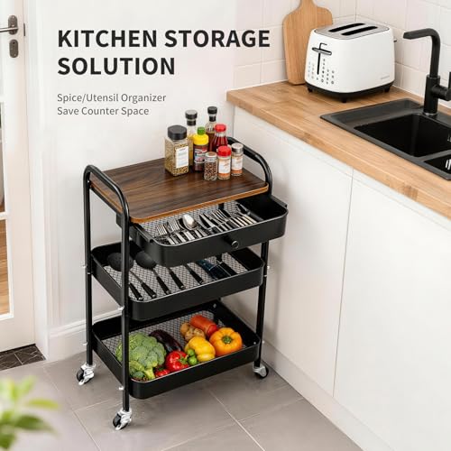 3-Tier Rolling Storage Cart with Wooden Top & Drawer, Utility Trolley | Lockable 360° Swivel Wheels , Sturdy Metal Frame Holds 44lbs, Perfect Organizer for Kitchen, Office, Living Room & Bathroom