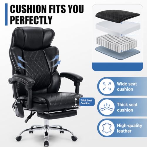 MALOL Executive Office Chair, 22.05" Wide Leather Ergonomic Office Chair with Lumbar Support, Footrest and 6-Point Vibration Massage, Reclines 94°-125° for Home Office Room, Black