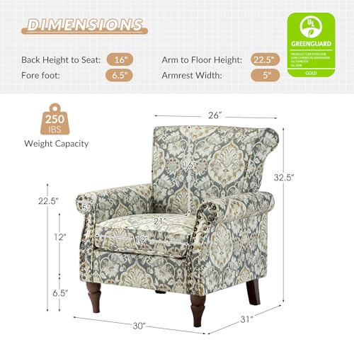 HULALA HOME Traditional Floral Accent Chair with Solid Wood Legs, Pine | Comfy Upholstered Armchair Reading Chair with Rolled Armrests, Nailhead Trim, Removable Cushion, for Living Room Bedroom - color: Pine