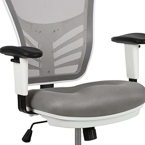Flash Furniture Tyler Mid-Back Light Gray Mesh Ergonomic Drafting Chair with Adjustable Chrome Foot Ring, Adjustable Arms and White Frame - color: Light Gray Mesh/White Frame
