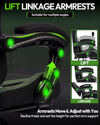 Dowinx Ergonomic Gaming Chair with Footrest & Massage Lumbar, 2D-Linkage Armrests for Computer Chair 330lbs with Headrest Pillow for Office, Home, Streaming and Long Gaming Sessions, Fabric Dark Green - color: Dark Green