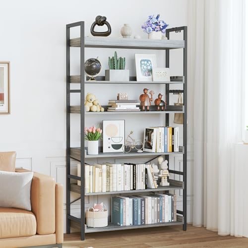 HCHQHS Bookshelf, Adjustable Industrial Bookcase, Vertical Tall Book Shelf, Wood and Black Metal Open Bookshelves for Home Office, Living Room, Bedroom (Grey, 6-Tier (31" W x 70" H)) - color: Grey, size: 6-Tier (31"W x 70"H)
