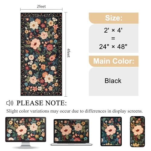 DUKINO 2x4 Entryway Rug, Floral Washable Kitchen Rugs Non Slip, Black | Low Pile, Soft Indoor Runner Rug for Hallway, Bedroom, Bathroom, Laundry, Pet Friendly, Modern Home Decor, Stain Resistant - color: Black, size: 2' x 4' (Rectangular)