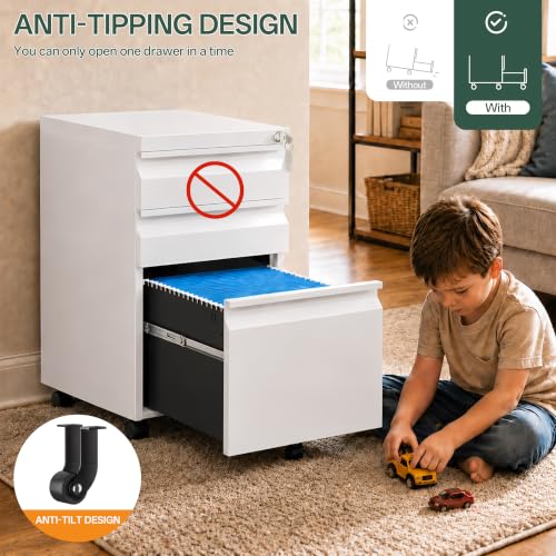 3 Drawer Mobile File Cabinet with Lock, Fully Assembled - color: White