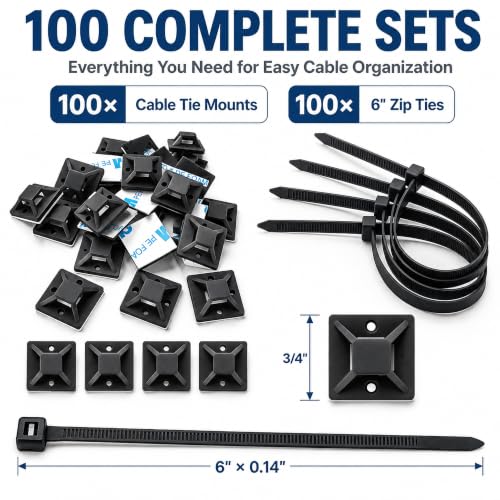 100 Pack Cable Tie Mounts, Self Adhesive Zip Tie Mount with 6 Inch Ties - color: Black
