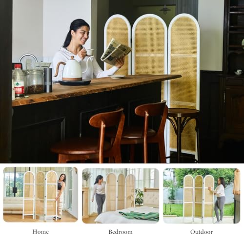 Svimi Room Dividers and Folding Privacy Screens, Pine Wood 5.6 Ft Double Hinged Rattan Partition Freestanding Wall Room Divider for Home - 3 Panels (White) - color: White, size: 3 Panels