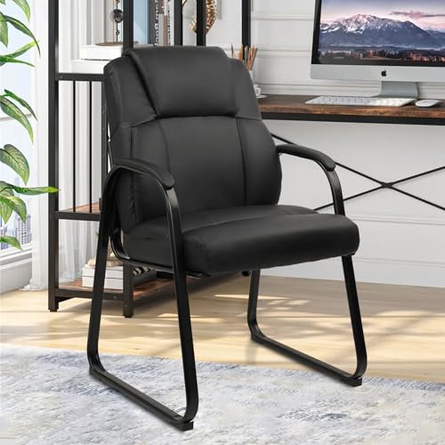 CLATINA Leather Guest Chair with Padded Arm Rest for Reception Meeting Conference and Waiting Room Side Office Home Black with Sled Base 1 Pack - color: Black-seldbase, size: 1 Pack