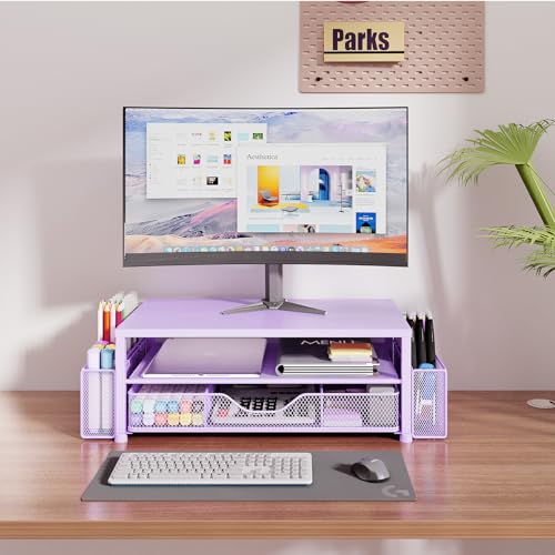 OPNICE Desk Organizer and Accessories, 2-Tier Computer Monitor Stand Riser with Drawer and 2 Pen Holders, Laptop Stand, Office Desk Accessories for Office Supplies, Purple - color: Purple 1-Pack, size: 18" x 9.1" x 5.6"
