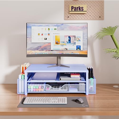 OPNICE Desk Organizers and Accessories, Computer Monitor Stand Riser with Drawer and 2 Pen Holders, Printer & Laptop Stand, Office Desk Accessories & Workspace Organizers for Home Office Supplies, Blue - color: Blue 1-Pack