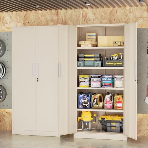 SUNCROWN Upgrade Metal Garage Storage Cabinet, Large 72" Locking Steel Garage Cabinets with 4 Adjustable Shelves and 2 Doors,Metal Lockable Tool Cabinets for Garage, Office, Home, Warm Grey - color: Warm Grey, size: 72"H x 32"W x 16"D