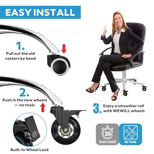 WEWILL Office Chair Wheels - Rubber Casters Replacement Universal Fit 98% Chair(Set of 5) Heavy Duty 3 Inch Smoothly & Quietly Safe for All Floor, Hardwood, Tile, Carpet, Noise Free - Glossy Black - color: Glossy Black