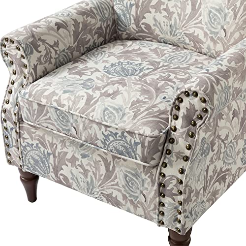 HULALA HOME Traditional Floral Accent Chair with Solid Wood Legs, Grey | Comfy Upholstered Armchair Reading Chair with Rolled Armrests, Nailhead Trim, Removable Cushion, for Living Room Bedroom - color: Grey