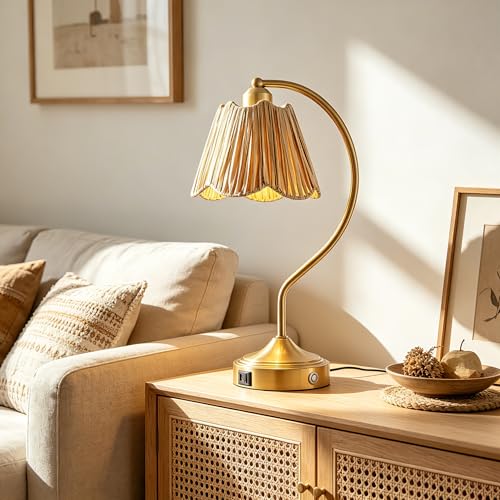 Boho Rattan Touch Small Table Lamps USB C+A Ports | Retro Rattan Shade, 3-Way Dimmable Farmhouse Lamp for Bedroom Living Room Entryway Office, LED Bulbs Included - color: Brass-Single