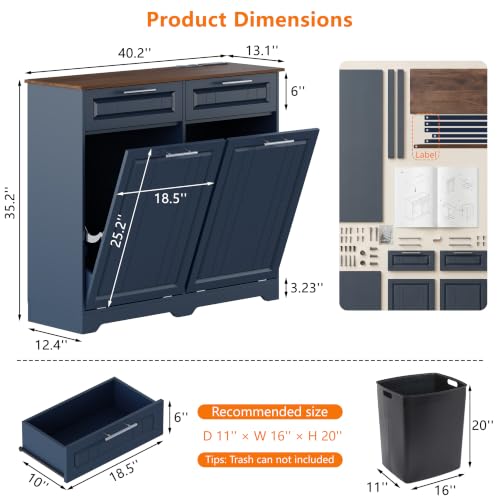 Double 10 Gallon Tilt Out Trash Can Cabinet with Deodorizing Function and Power Outlet, Wooden Hidden Garbage Can Holder with 2 Storage Drawers for Kitchen, Laundry Hamper Cabinet for Bathroom, Blue - color: Blue, size: 13.11"D x 40.16"W x 35.2"H(Double)