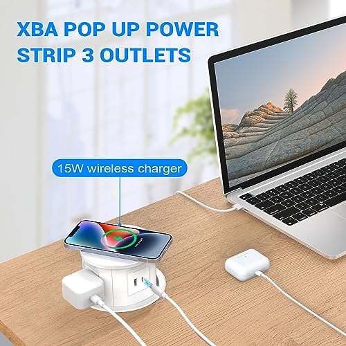 XBA Pop Up Outlet with 15W Wireless Charger, 4 AC Plug 1 USB-A and 1 USB-C, Electrical Desk Power Grommet for Kitchen Countertop, 4-3/4'' Hidden Recessed Power Strip for Home Office (White) - color: White