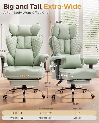 COMHOMA Big and Tall Office Chair Heavy Duty Gaming Chair with Deluxe Embossing Leather High Back Wider Ergonomic Computer Chair with Foot Rest 145°Reclining Pocket Spring Lumbar Support - color: Sage Green