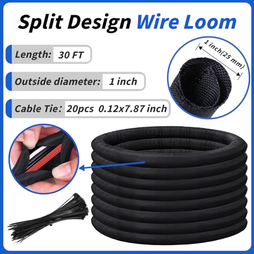 30ft - 1in Split Braided Sleeve Cable Management, Self-Wrapping | Flexible loom tubing protects wires from abrasion and heat. Great for automotive, TV, computer, and home electrical use. - size: 1inx30ft