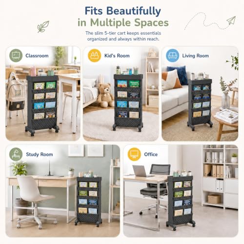 5-Tier Rolling Bookshelf Cart with Wheels, Black - color: Black, size: 5-Tier 26"H
