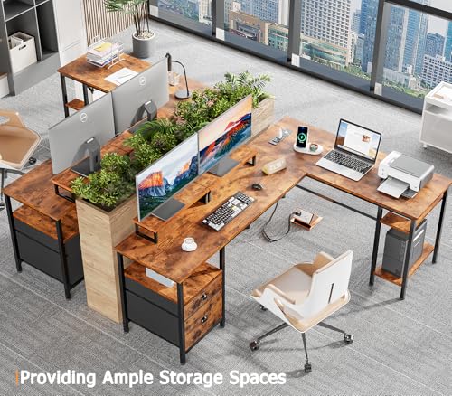 Furologee 66'' L Shaped Desk with Power Outlet and 2 Drawers, Rustic Brown - color: Rustic Brown, size: 66 Inch