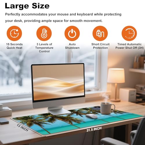 Heated Desk Pad 31.5" x 13" 3 Large Heated Mouse Pad with Heat Levels (40°C/45°C/50°C) & 3H Auto Shut-Off Desk Mat Fast Heating PU Leather Warmer Mousepad for Home Office - Beach Tree - color: Beach Tree, size: 31.5 x 13 inch