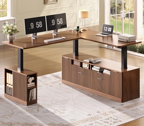 SEDETA Fluted L Shaped Executive Electric Standing Desk with 4 Drawers | 69" x 55" Height Adjustable Office Desk with Storage Shelves, Power Outlet, Sit Stand Computer Desk, Brown - color: Brown