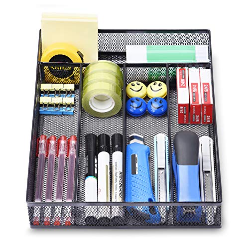 WuGeShop Office Desk Drawer Organizer, 5 Compartments Mesh Drawer Organizer Tray for Storage Art Supplies, Stationery, Black - color: Black-5 Compartments
