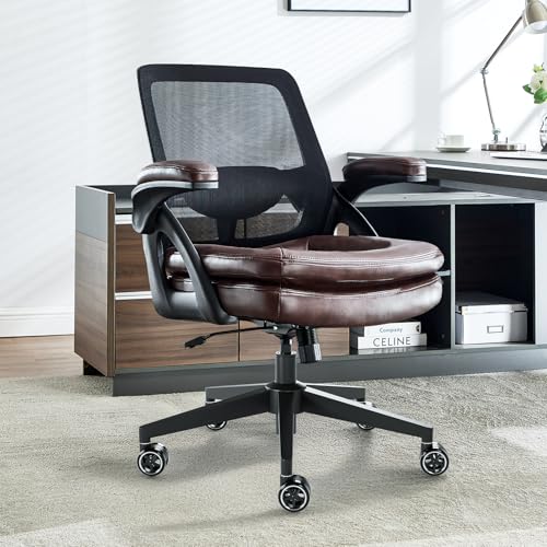 Big and Tall Office Chair, 500lbs Heavy Duty Ergonomic Mesh, Brown | Flip-Up Armrests, Plus Size PU Leather Wide Seat, 360° Swivel Computer Executive Task Chair for Home Office, Up to 500LBS Cap - color: Brown, size: 2BOX