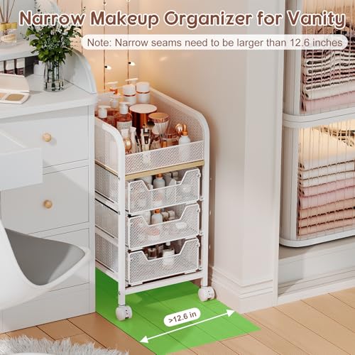 Hongtamoya Rolling Makeup Cart Organizer with 3 Drawers, Narrow Floor Skincare Organizers, Cosmetics Display Cases Vanity Organizer for Skin Care Nail Polish Perfume Makeup Brush, White - color: White, size: Narrow+3S Drawers