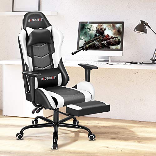 ECOTOUGE White Ergonomic PC Massage Gaming Chair with Footrest - color: White, size: with footrest