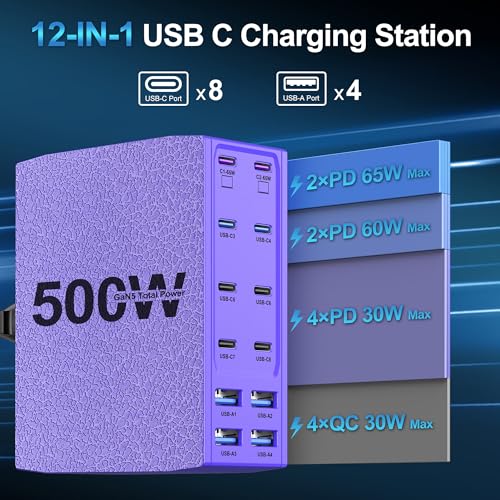 500W USB C Charger Block, 12-Port USB C Charging Station for Multiple Devices, Leather Texture Dual PD 65W Laptop Fast Charger Compatible with MacBook Pro/Air, iPad, iPhone,Galaxy and More,Purple - color: Purple, size: 5 feet