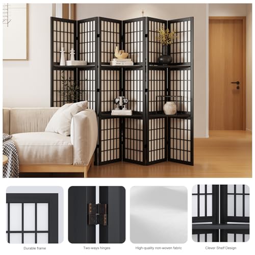 Room Divider with Shelves, 66.9-Inch Tall Japanese Shoji Style Wood Screen with Double Hinges for Home Office Decoration (6 Panels, Black) - color: Black - Shelves, size: 6 Panels