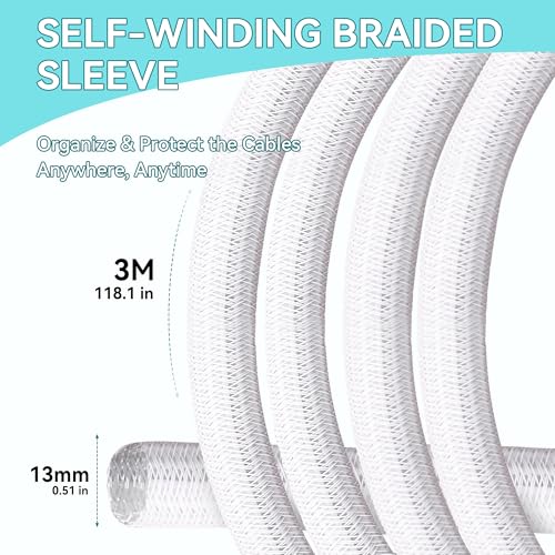 Self-Wrapping Braided Cable Sleeve, 0.51" Diameter 9.84ft Cable Management Tube, PET Wire Organizer for PC TV Home Office, White - color: White