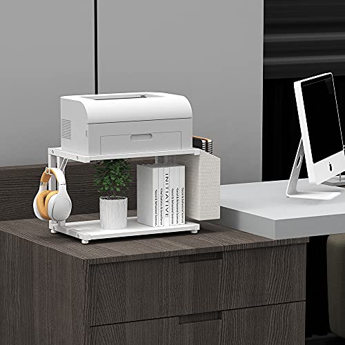VEDECASA 2 Tier Modern White Wooden Under Desk Printer Stand with Storage Bag for Home Office Desktop Printer Table Organizer Mobile Printer Shelf Cart with Caster Wheel (White) - color: White