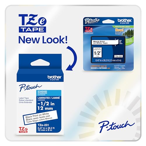 Brother Genuine P-Touch TZe Black Print on White Label Tape (TZeS231), Strong Adhesive Laminated, ~1/2in x 26.2ft (12mm x 8m), for Select P-Touch Label Makers, Water-Resistant, Extra Strength - color: Black Print on White Extra Strength Tape, size: Pack o