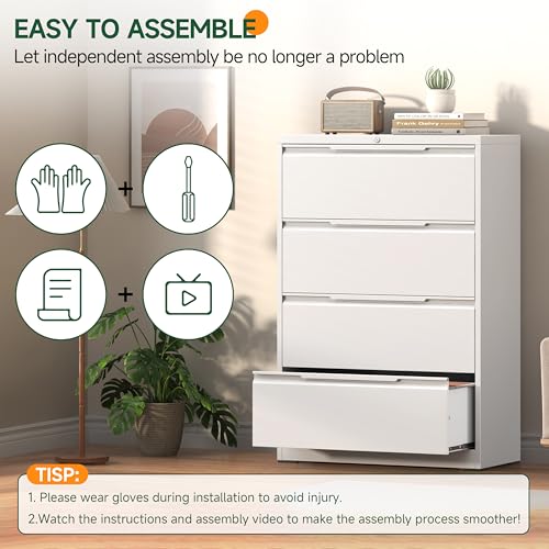 Lateral File Cabinet 4 Drawer, Metal File Cabinet with Lock - color: White, size: 4 Drawer - Lateral
