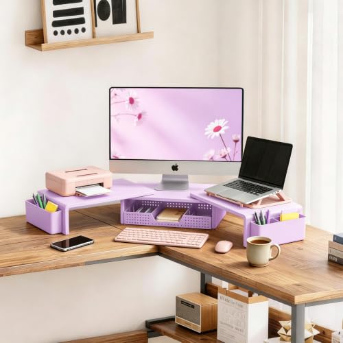LEKETREE Dual Monitor Stand Riser with Drawer and 2 Pen Holders, Purple - color: Purple