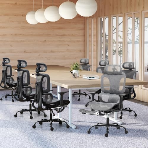 Grey Mesh Ergonomic High Back Office Chair with Footrest | Adjustable Lumbar Support, Headrest, Armrests, Reclining, Swivel, Rolling Casters, Sturdy Base, for Home Office & Gaming - color: Grey, style: Upgrade w/ footrest