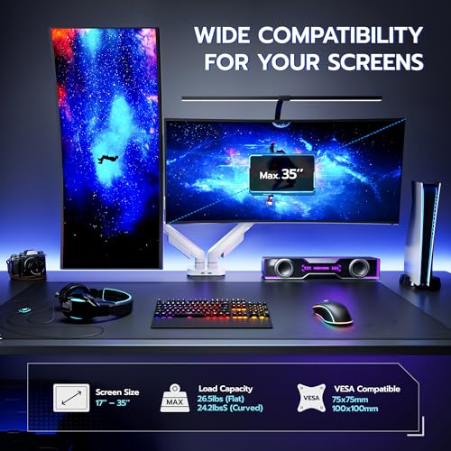 ARES WING 17-35 Inch Heavy Duty Dual Monitor Arm with USB, White | Fully Adjustable Monitor Mount for Flat Curved Ultrawide Screens Up to 26.5lbs, C-Clamp & Grommet Base, 75/100 Vesa Mount - color: White, size: Dual Monitor Arm