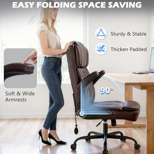 450LBS Big and Tall Executive Office Chair with Flip up Arm,Heavy Duty PU Leather Computer Desk Chair,Comfortable High Back Swivel Home Office Chair with Rolling for Adults,Spring Cushion,Metal Base - color: Brown