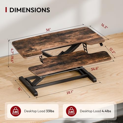SANODESK 36" Standing Desk Converter, Height Adjustable Sit-Stand Computer Riser, Dual Monitor Workstation with Keyboard Tray, Ergonomic Tabletop, Rustic Brown - color: Rustic Brown, size: 36"