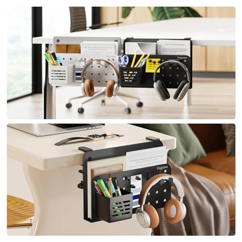 PEGZONE Desk Side Storage Organizer, Fits Flat Edge 0.4" to 2.2", Black | No Drill Under Desk Laptop Holder, Clamp on Desks Shelf with Pegboard Accessories, Hanging Laptop Mount - color: Black