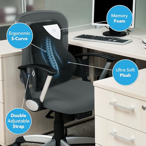 Samsonite Memory Foam Lumbar Support Pillow, Ergonomic Back Cushion for Office Chair, Gaming Chair, Automotive Full Back Support, Home Essentials for Sitting Comfort and Posture Relief, Black