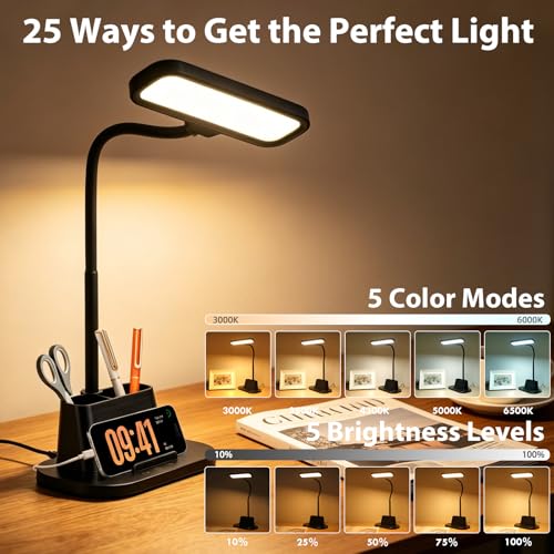 LED Desk Lamp for Dorm Small Desk Lamp with Pen Holder 5 Color Modes Black | Dimmable Touch Control, USB Charging Port, Eye-Caring Reading Light for Home Office Table Study College Room Students - color: Black