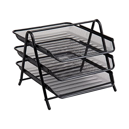 Mind Reader 3-Tier Paper Tray, Desktop Organizer, File Storage, Workspace, Office, Metal Mesh, 11.75"L x 13.75"W x 10"H, Black - color: Black