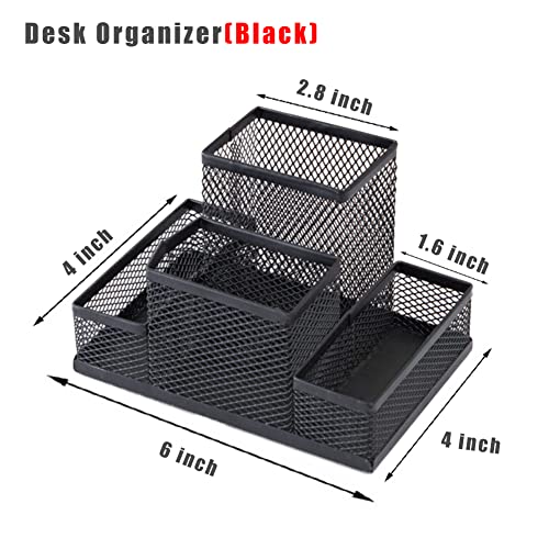 Desk Organizer Desktop Mesh Pen Pencil Holder Caddy with 4 Compartments, Office Home School Classroom Accessories Cool Supplies - color: Black