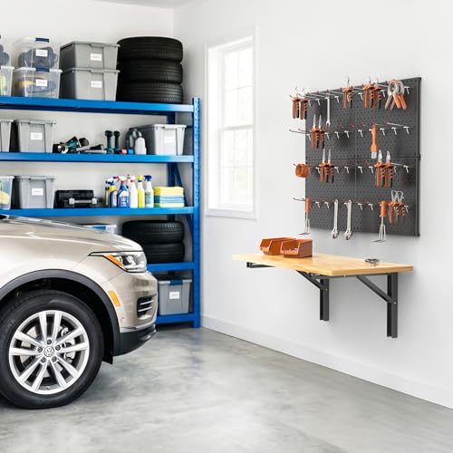 TORACK Heavy Duty Wall Mounted Folding Workbench with Pegboard Kit | Space-Saving Collapsible Wall Table/Desk with Tools Pegboard for Garage, Workshop, Holds up to 150 lbs, Size: 31.5x15.75 in - size: 31.5x15.75in tabletop