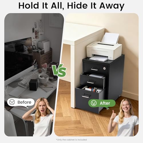 3-Drawer Metal Vertical File Cabinet, Narrow Mobile File Cabinet with Lock and 2 Keys, Under Desk Storage Drawer for Study Home-11 * 16 * 18.3in (Black) - color: Black