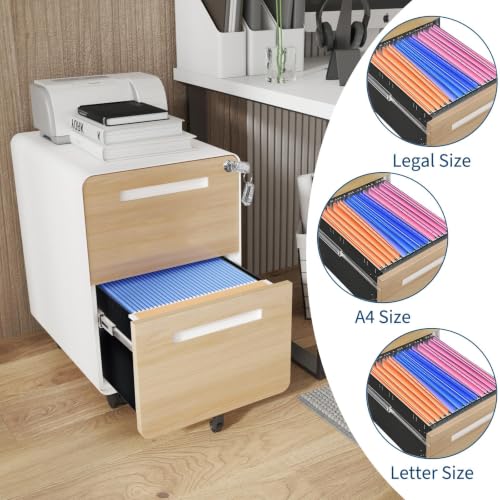 Garvee Mobile File Cabinet with Lock, 2 Drawer File Cabinet with Lock | 2 Drawer Under Desk Metal Rolling Filing Cabinets for Home Office Legal/Letter File Folders, Fully Assembled - color: Wood